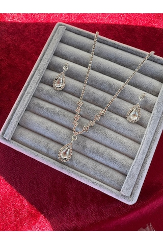 Gümüş Renk Düğün Nişan Kına Damla Zirkon Taşlı Abiye Küpe Kolye Set Takım