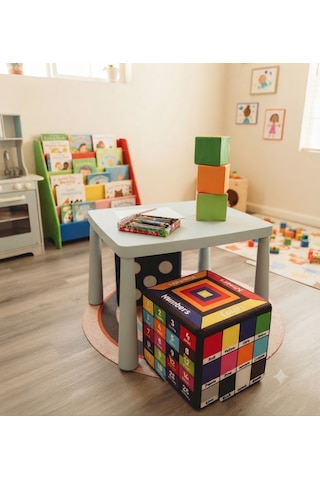 Missidea İngilizce Eğitici Küp Minder 33x33 Cm Çocuklar İçin İnteraktif Dil Gelişim Pufu Çok Renkli
