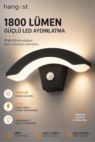Sensörlü Yarım Ay Led Aplik 24w 1800 Lm 3200k Sıcak Beyaz Hareket Sensörlü Duvar Lambası Siyah