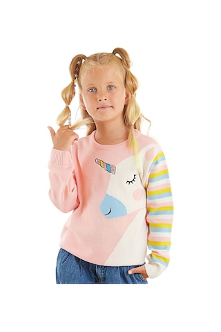 Denokids Unicorn Kız Çocuk Pembe Triko Kazak Çok Renkli