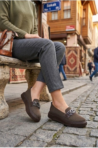 Fort Ventes 346417 Rahat Taş Toka Aksesuarlı Triko Loafer Kadın Ayakkabı Kahverengi