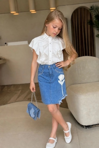 Wear Vexel Kız Çocuk Gömlek Etek Çanta 3 Lü Takım Fırfır Detaylı Jean Etekli Şık Kombin - Beyaz Çok Renkli