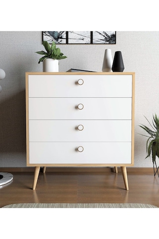 Floradesign Zen Şifonyer / Çok Amaçlı Dolap/ Çekmeceli Şifonyer / Kapaklı Şifonyer / 4 Çekmeceli Şifonyer 80cm Meşe/beyaz