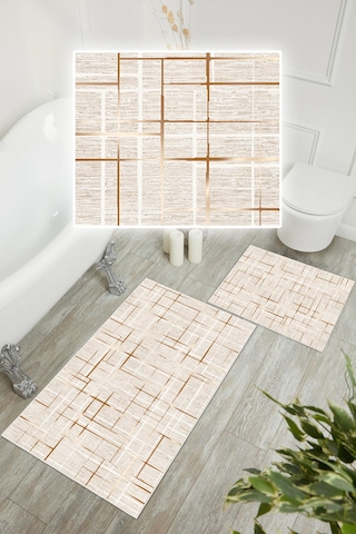 Dijital Baskı Çizgi Desen Kaymaz Taban 2li Set Banyo Paspası Klozet Takımı 50x60cm-60x100cm Krem