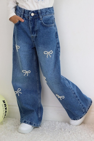 Breeze Kız Çocuk Jean Pantolon İnci Detaylı Fiyonk İşlemeli 5-9 Yaş, Mavi Mavi