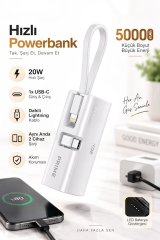 5000 Mah Powerbank 20w Pd Hızlı Şarj Dahili Lightning Kablolu Usb-c Taşınabilir Şarj Cihazı BEYAZ