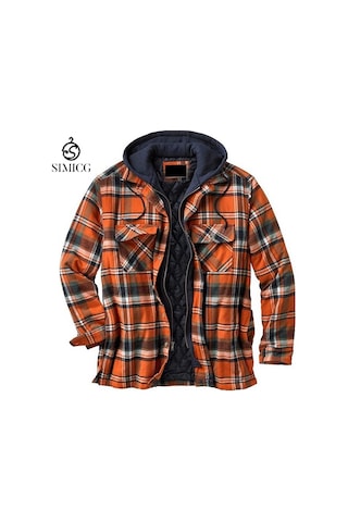 Kalın Pamuklu Ekose Uzun Kollu Bol Kapüşonlu Erkek Ceketi Turuncu