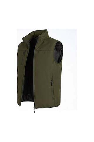 Vatan Tekstil Dik Yaka Slim Fit 3 Cepli Softshell Erkek Yelek Su İtici Kumaş Haki