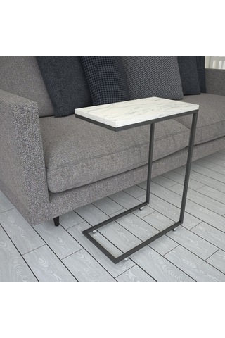 Callen Beyaz Mermer Yan Sehpa & Tekerlekli Servis Sehpası Metal