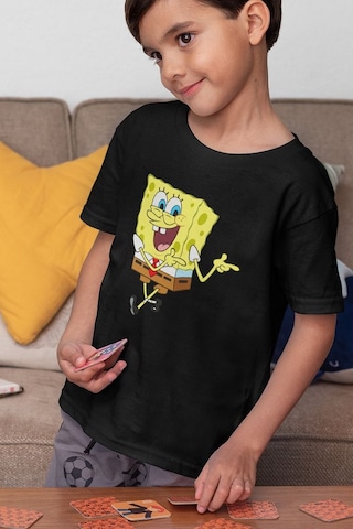 Sevbano Süngerbob Baskılı Unisex Çizgi Film Çocuk Tişört 1-12 Yaş Siyah