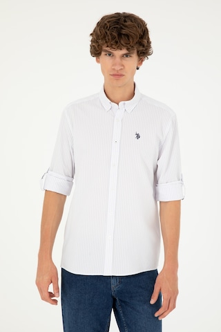 U.S. Polo Assn. Erkek Lila Çizgili Beyaz Gömlek 50288675-VR034