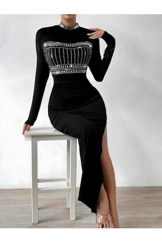 Kadın Yarım Balıkçı Yaka Taş Işemeli Bacak Dekolteli Maxi Boy Elbise Siyah