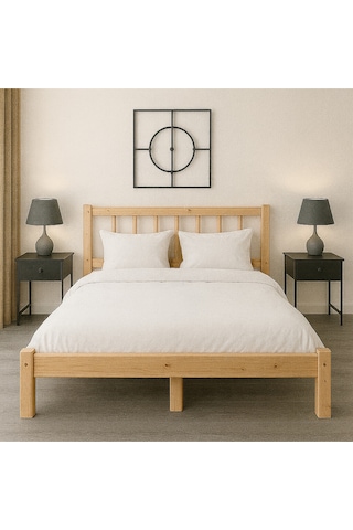 160cm X 200cm Doğal Masif Ahşap Yuvarlak Çıtalı Başlıklı Karyola Doğal Ahşap Natural Renk