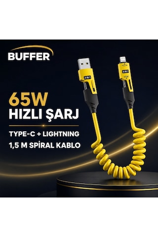 4&apos Ü 1 Arada Esnek Spiral Hızlı Şarj Kablosu, Araç İçi Yaylı Kablo, Type-c Ve Lightning Uyumlu Çoklu Şarj Belirtilmemis