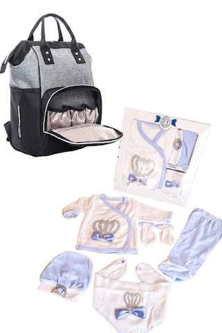 Bebek Bakım Çantası Ve Taşlı 5 Parça Hastane Çıkışı İkili Set Mavi
