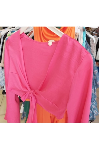 Fashion Cocktail Saten Önden Bağlamalı Dekolte Sexy Gece Kokteyl Kombin Uzun Kol Krop Bluz Pembe