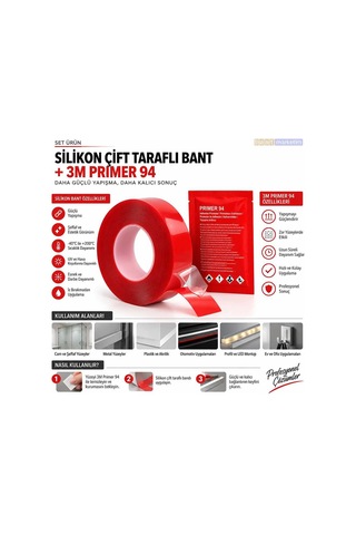Silikon Çift Taraflı Bant 19mm X 5m + 3m Primer 94 Yapışma Güçlendirici Set Bant Marketim
