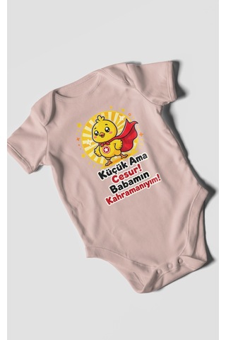 Morivokids Küçük Ama Cesur Babamın Kahramanıyım Kısa Kollu Bebek Body %100 Pamuk Pastel Pembe