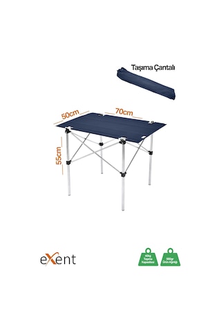 Exent 50x70 Cm Kamp Masası Katlanabilir Masa, Piknik Bahçe Balkon Plaj Masası, Taşıma Çantalı Masa-lacivert