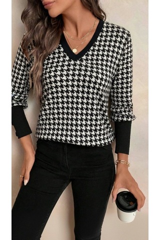 Tua Moda Kadın Uzun Kollu V Yakalı Desenli Süprem Bluz Gri