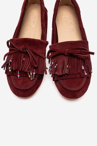Luvishoes Evelyn Bordo Süet Hakiki Deri Püsküllü Boncuklu Kadın Loafer Ayakkabı