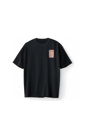 Bumeta Maneki Neko Şans Kedisi Baskılı Japon Tarzı Lucky Cat Graphic Streetwear Oversize Unisex Tişört T-shirt Siyah
