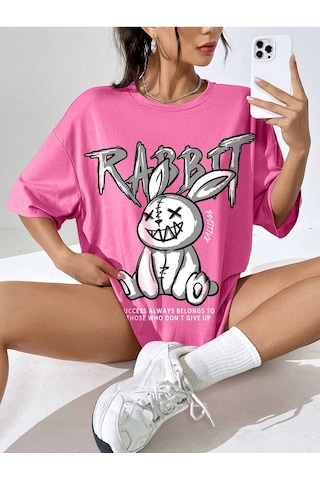 Noıssey Karikatür Ve Grafik Tasarım Oversize T-shirt Cartoon/letter Serisi Kod35 Pembe