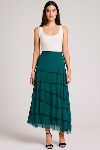 İtalyan 2 Beden Ince Gösteren Kat Kat Ipek Etek & Straplez Elbise Zümrüt Yeşili