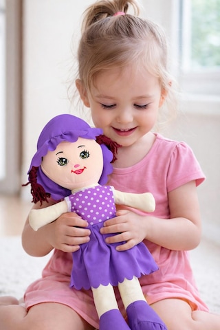 Kız Oyuncak Bebek Elbiseli Oyuncak Bez Bebek 50 Cm Bez Bebek Özel Yapım Premium Mor Bebek 001
