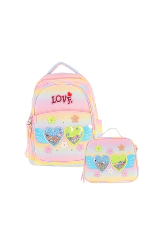 Kaukko Kids Dört Bölmeli Okul Çantası Ve Beslenme Çantası Seti - Simli Kalp Ve Çiçek Detaylı - Kız Çocuk L5213+l7213 Sarı - Pembe