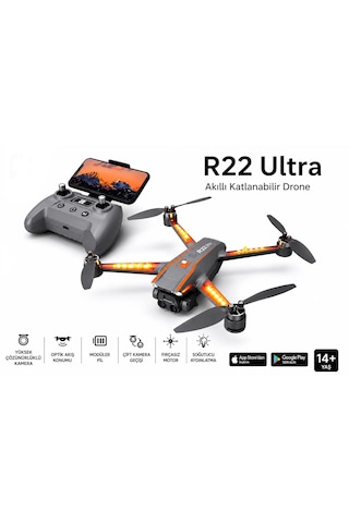 R22 Ultra Drone Katlanabilir Dron 1080p Hd Kamera Fırçasız Motor Renkli Led Işıklı Soğutucu Aydınlatma Optik Akış Koruma Titreşim Önleme Çift Elektirkli Kamera