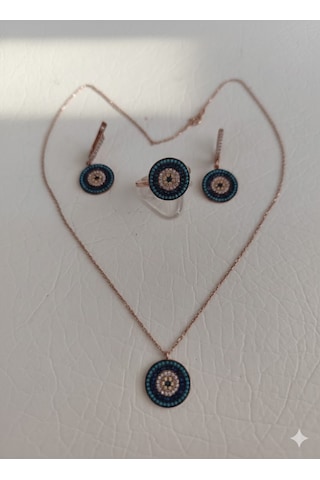 Safir, Turkuaz Ve Zirkon Kombinasyonlu Roz Kaplama Set Rose Gold