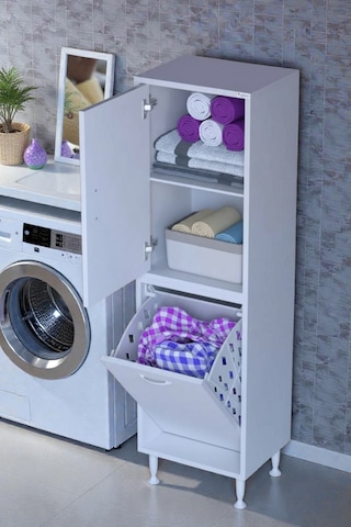 Eliusta Miretta Üst Bölme Kapaklı Altı Kirli Sepetli Dolap 45 Cm Genişlik Beyaz 45x138x32,5 Cm Dolap Beyaz