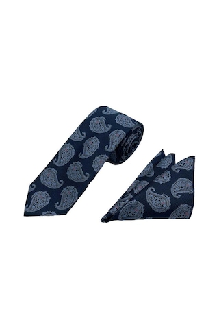 Brianze 7 Cm Lacivert Mavi Şal Desen Kravat Mendil Set Lacivet