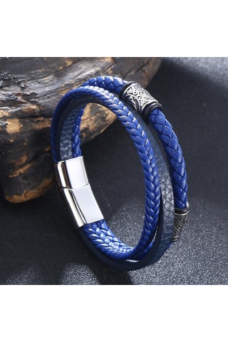 Erkek Kadın Çok Katmanlı Moda Örgülü Deri Bileklikler Paslanmaz Çelik Tokalı Kurukafa Bilezik Hediyeler Mavi