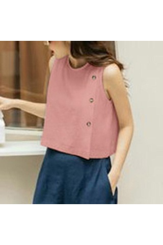 Vonda Kadın Yaz Yuvarlak Yaka Kolsuz Düğmeli Düz Renk Günlük Tank Pembe