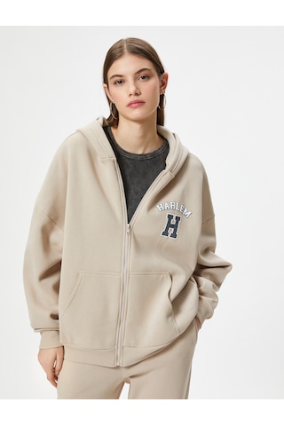 Koton Fermuarlı Kapşonlu Sweatshirt Kolej Temalı Arkası Baskılı Kanguru Cepli Rahat Kalıp Bej 4wal10720ık Ekru