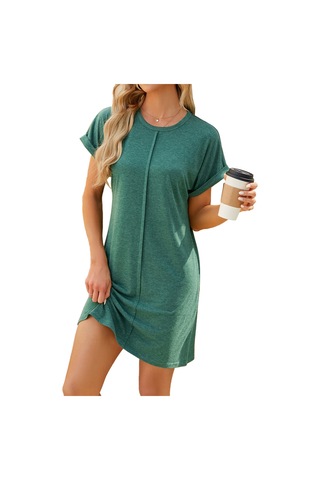 Sones Kadın Organik Pamuk Kısa Kollu Midi Elbise Rahat Bol Kesim Saf Renk İlkbahar Yaz Elbisesi Koyu Yeşil
