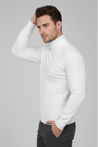 Deepsea Erkek Beyaz Kare Desenli Balıkçı Yaka Slim Fit Boğazlı Triko Kazak 2505493 Beyaz