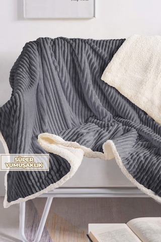 Sherpa Battaniye Çift Kişilik Çizgili Yumuşak Peluş Wellsoft Yatak Örtüsü Antrasit