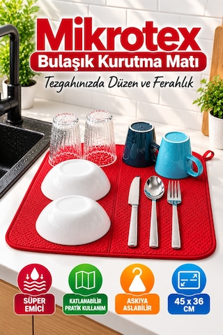 Kırmızı Bez Mikrotex Bulaşık Kurutma Matı 45x36 Cm Süper Emici Katlanabilir Tezgah Üstü Kurutma Matı