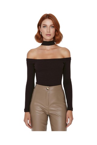 Ersefa Stil Kadın Carmen Yaka Choker Detaylı Fitted Vücuda Oturan Fitill Kahverengi