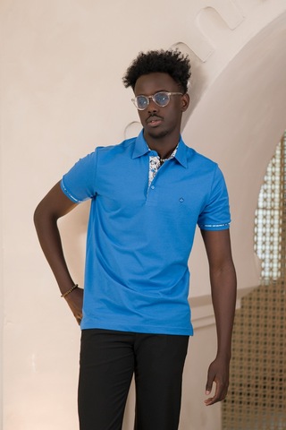 Paul Martin Regular Fit Yaka Garnili Pamuklu Polo Yaka T-shirt Sax
