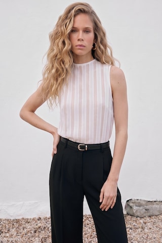 Sateen Çizgili Organze Kolsuz Bluz - Ekru-137673