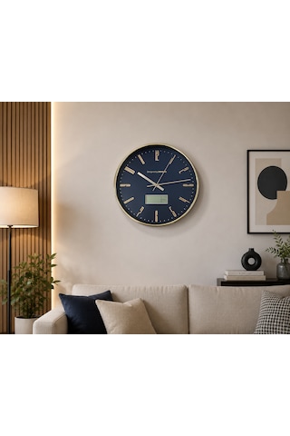 Lacivert Gold Premium Duvar Saati Dijital Göstergeli Modern Dekoratif Saati