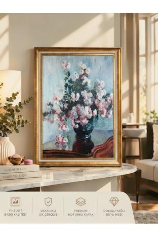 Gold Varaklı Vintage Çerçeveli Büyük Boy Tablo Claude Monet Kasımpatılar Dokulu Yağlı Boya Görünümlü Fine Art Baskı Dekoratif Tablo 50 X 70 Çerçeveli 60 X 80