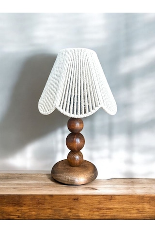 Makrome El Yapımı Bohem Ahşap Ayaklı Rustik Abajur Yatak Odası Salon Kafe Beyaz