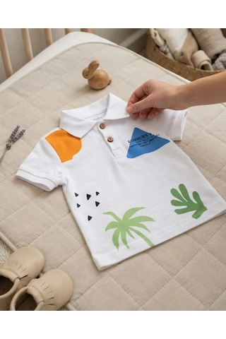 Tuffy Gri Erkek Bebek Desenli Polo Yaka Beyaz Tişört Rahat Tasarım
