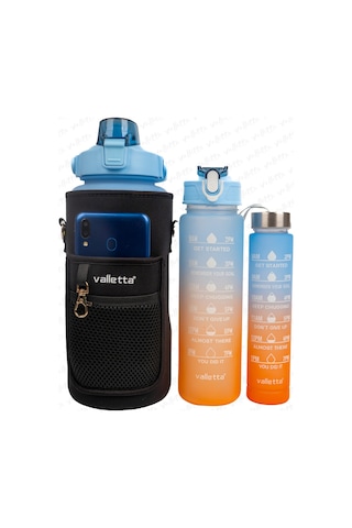 Valletta Eldorado 3lü Set Çantalı Motivasyonel Su Matarası Mavi