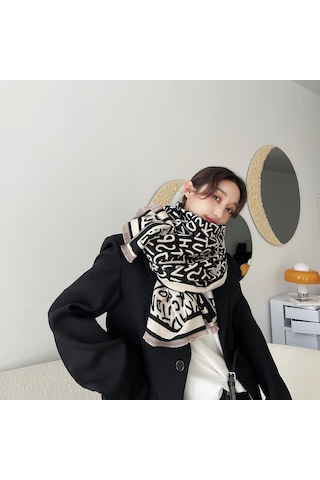 Dofolink Kadınlar İçin Kışlık Çift Taraflı Pashmina Eşarp, Kalın Yün İmitasyonu, Moda Örgü Desenli, Boyunluk Ve Atkı 2'li, 190x65 Cm, V1101 Siyah